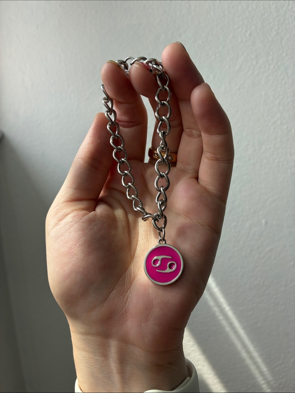 Silver Chain Bracelet with Enamel Pink Zodiac Cancer Pendant